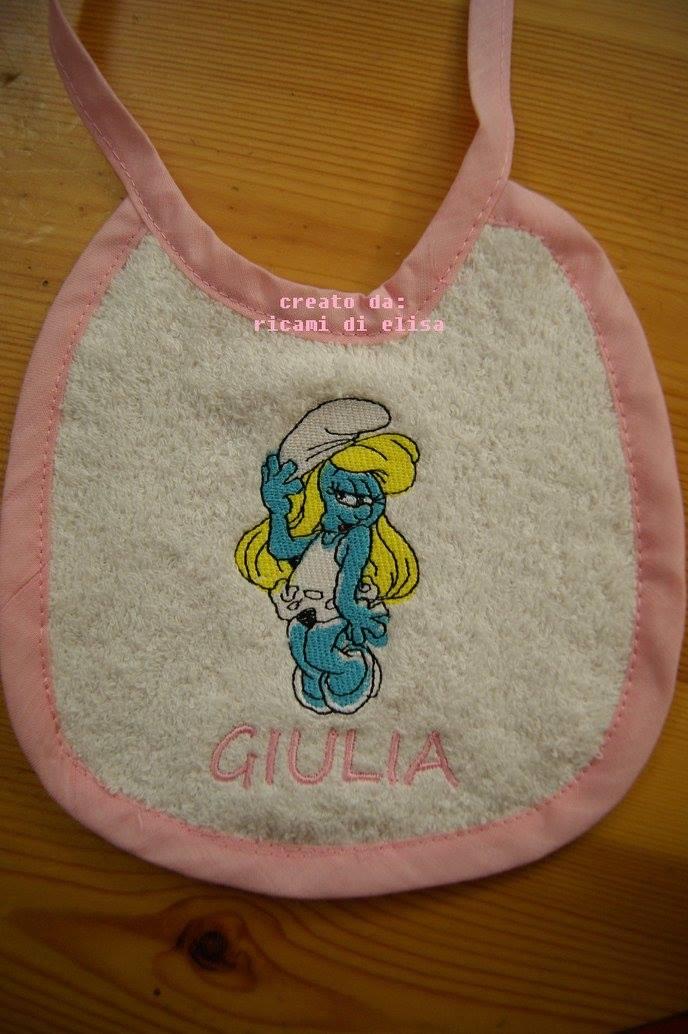 Baby bib with Happy Smurf Girl embroidery design
