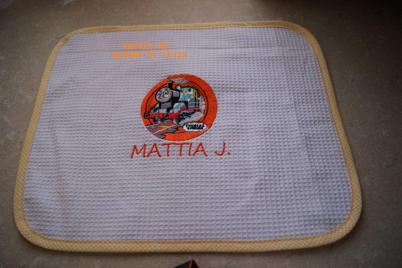 Baby napkin with Thomas the Tank Engine embroidery design