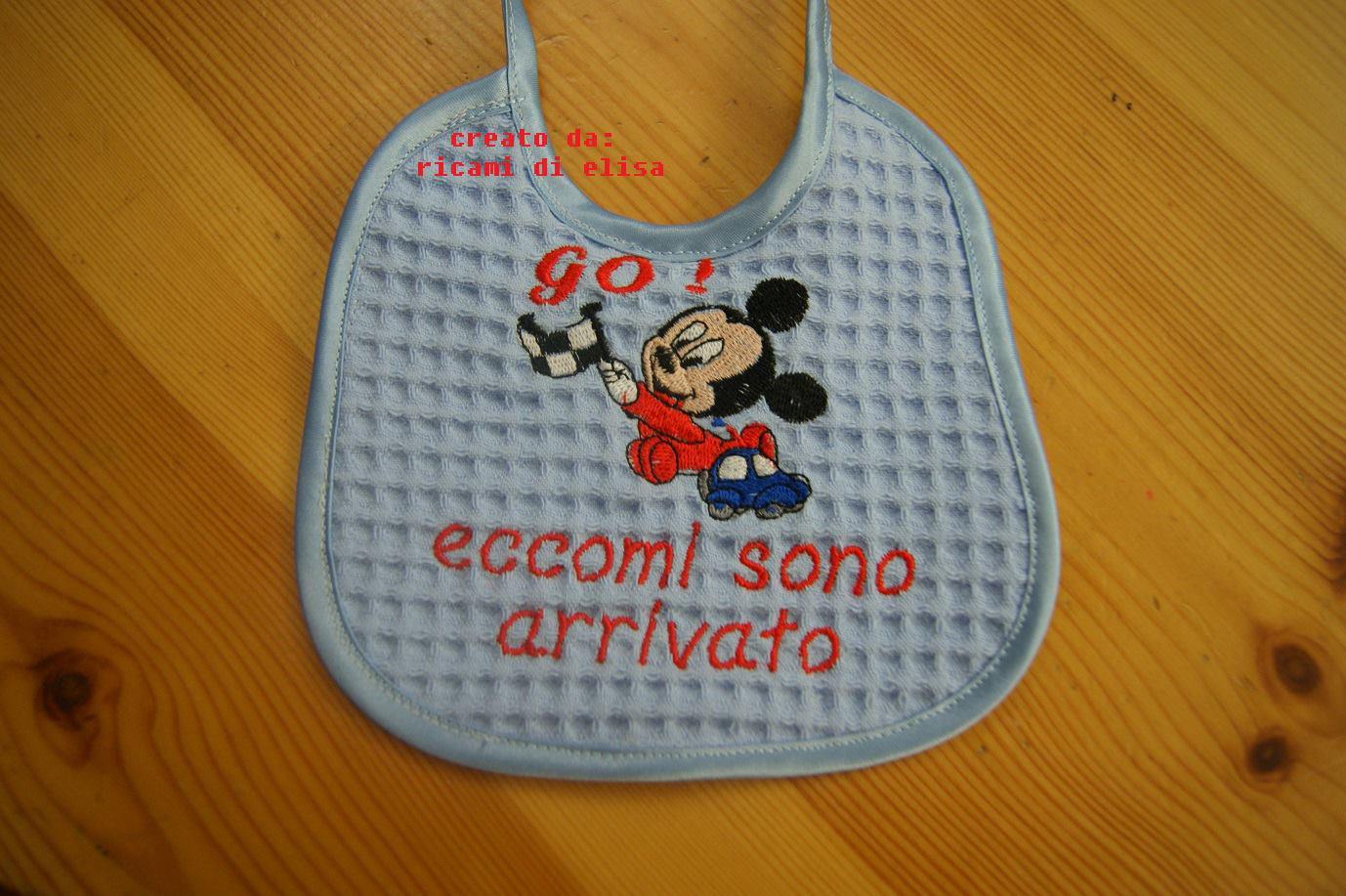Baby bib with Mickey Mouse Racing embroidery design