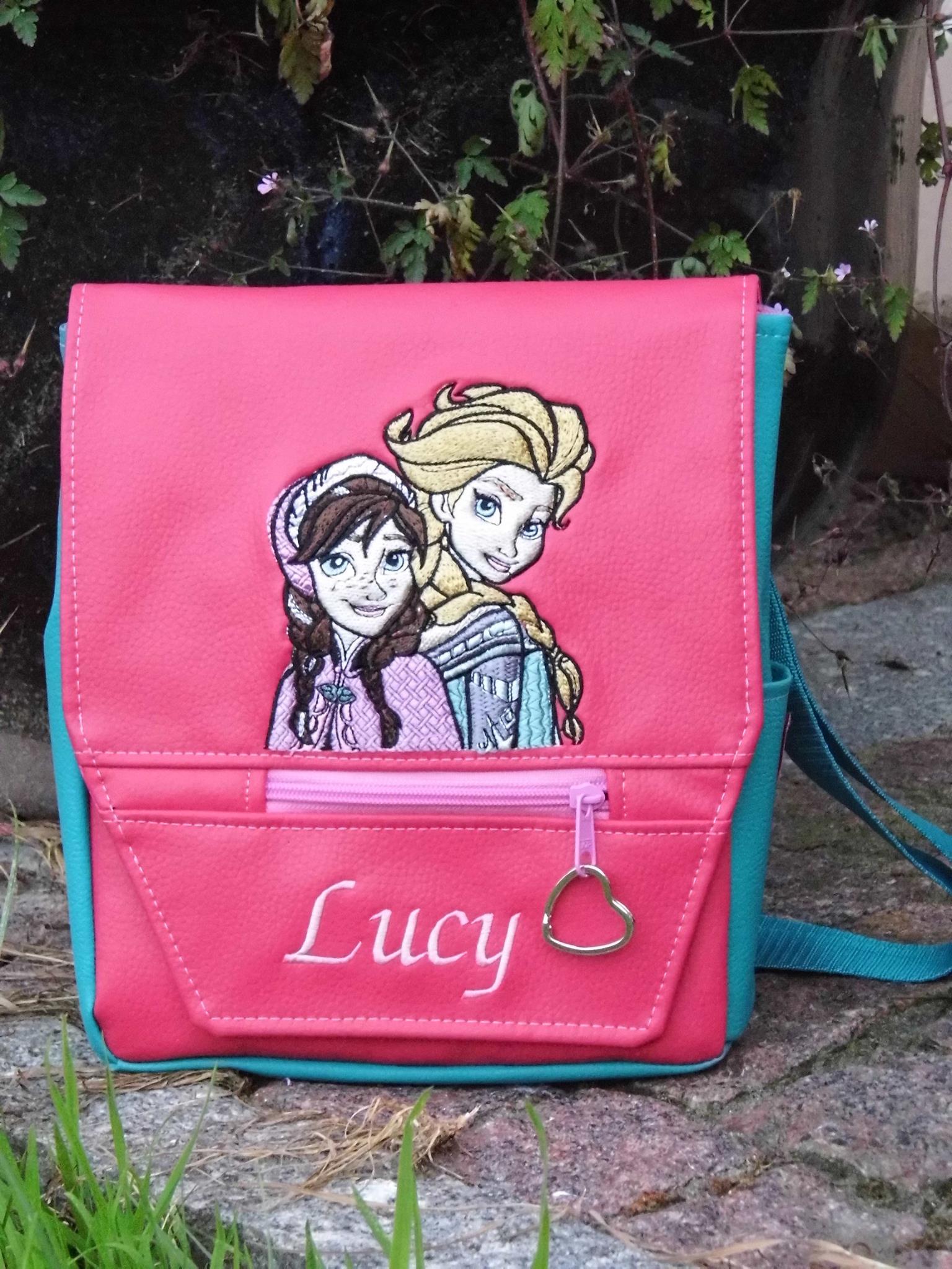 School backpack with Frozen sisters embroidery design