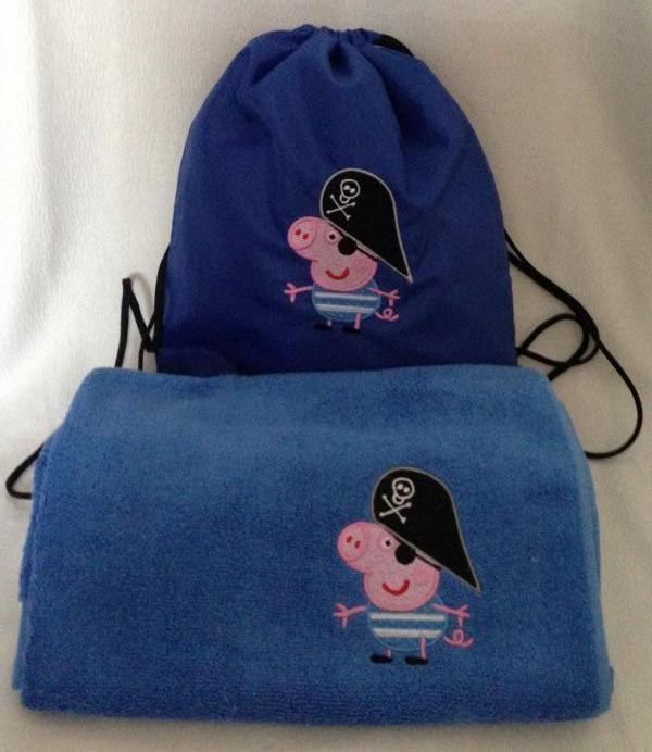 Towel and bag with Peppa Pig pirate embroidery design