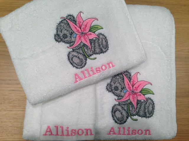 Two bath towels with Teddy Bear with lily embroidery design