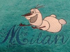 Olaf flying embroidery design at towel