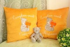 Two pillows with Teddy Bear with a pillow heart embroidery design