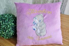 Violet cushion with Teddy Bear with toy embroidery design
