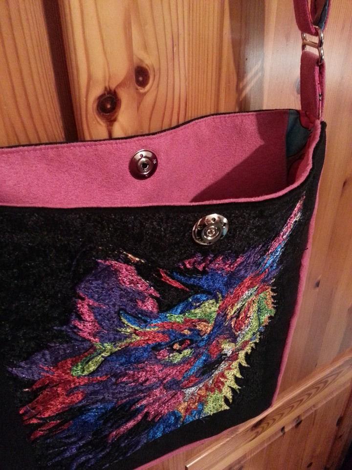 Embroidered bag with wolf modern colored art free embroidery design
