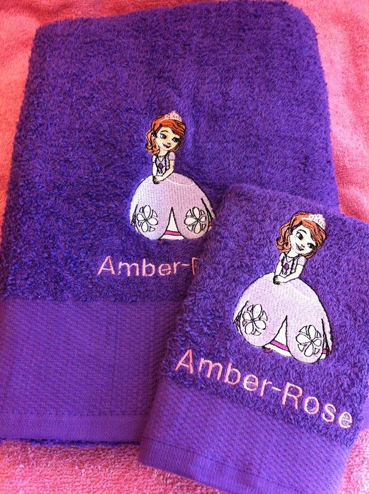 Bath towels with Sofia The First machine embroidery design