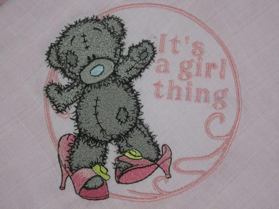 Teddy Bear getting ready for a party embroidered design