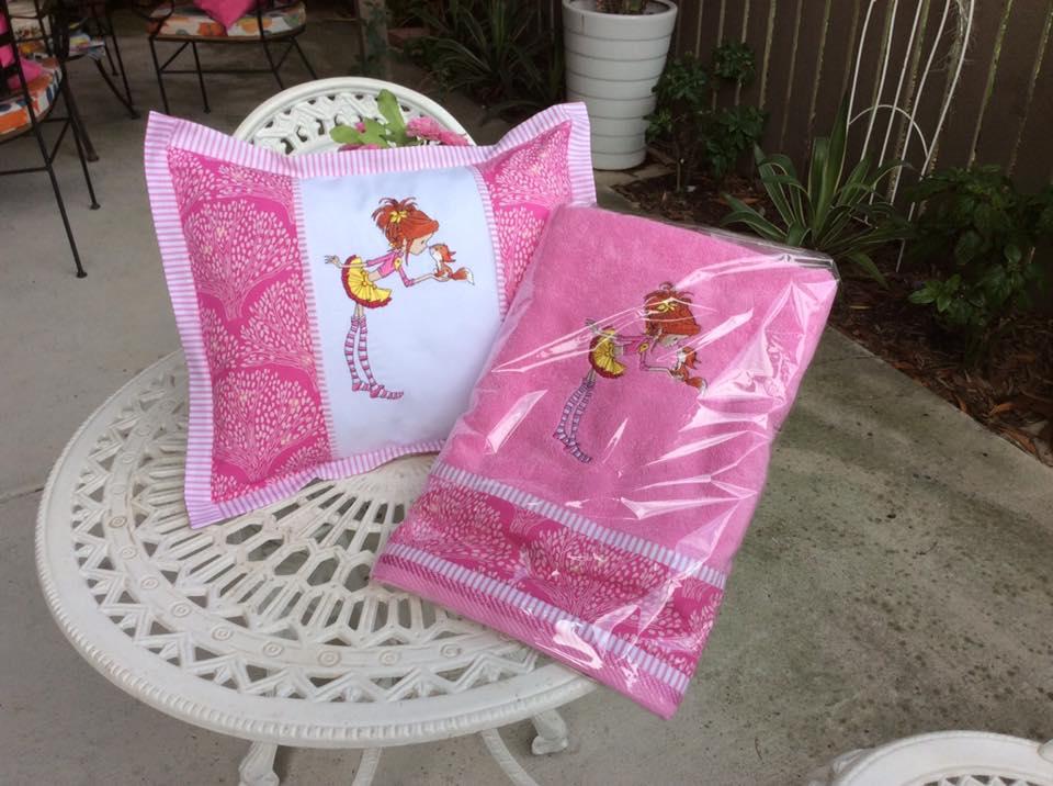 Cushion and towel with Girl and squirrel embroidery design