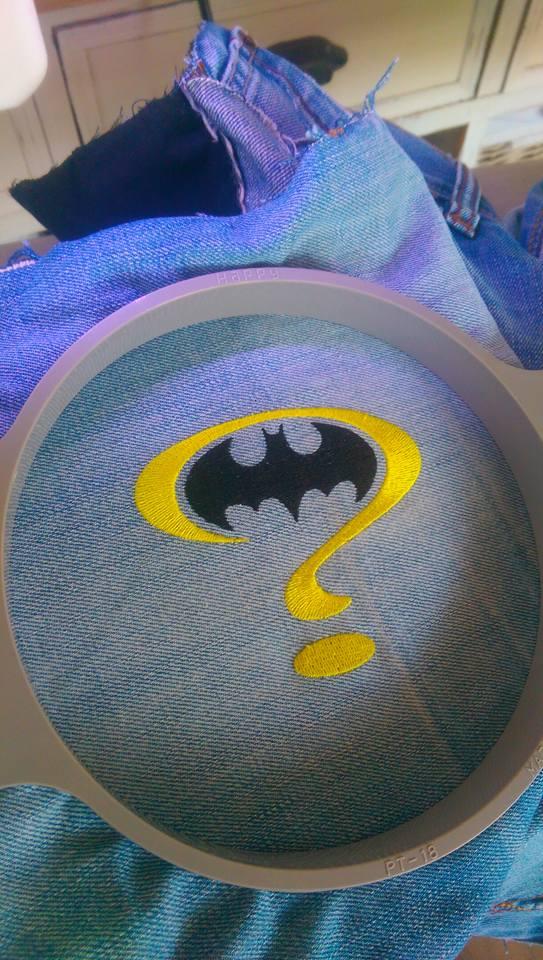 Denim clothes with Batman question mark embroidery design
