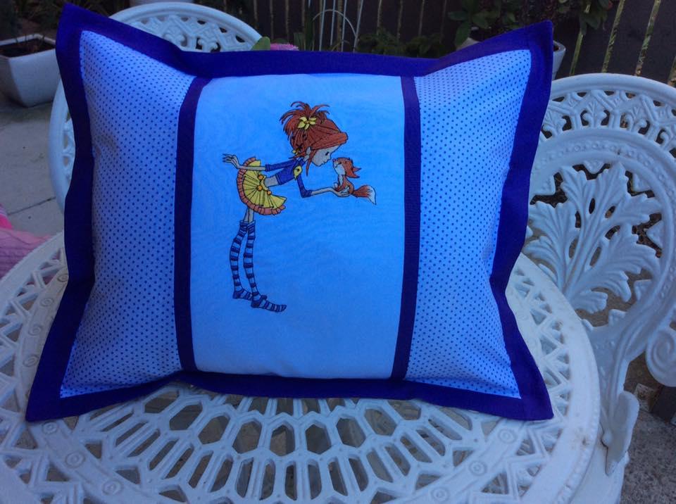 Garden cushion with Girl and squirrel embroidery design