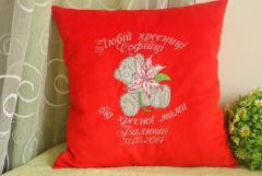 Red pillow with Teddy Bear with lily embroidery design