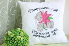 White cushion with Teddy Bear embroidery design