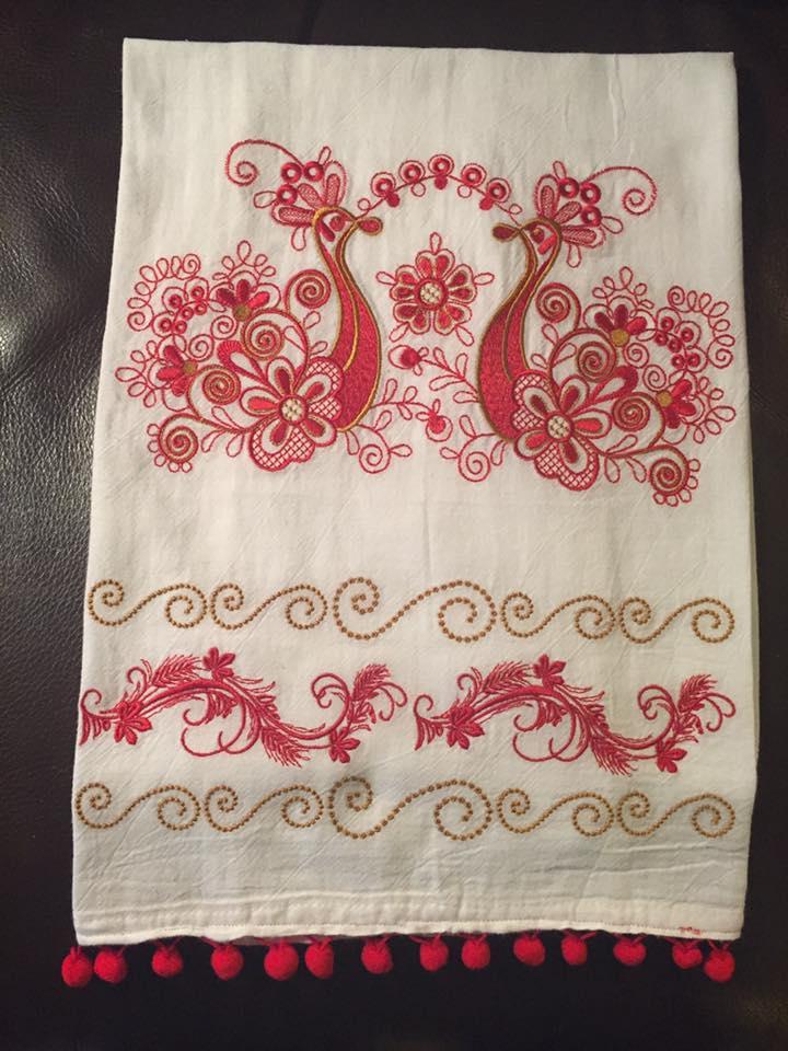 Towel with firebird cross stitch free embroidery design
