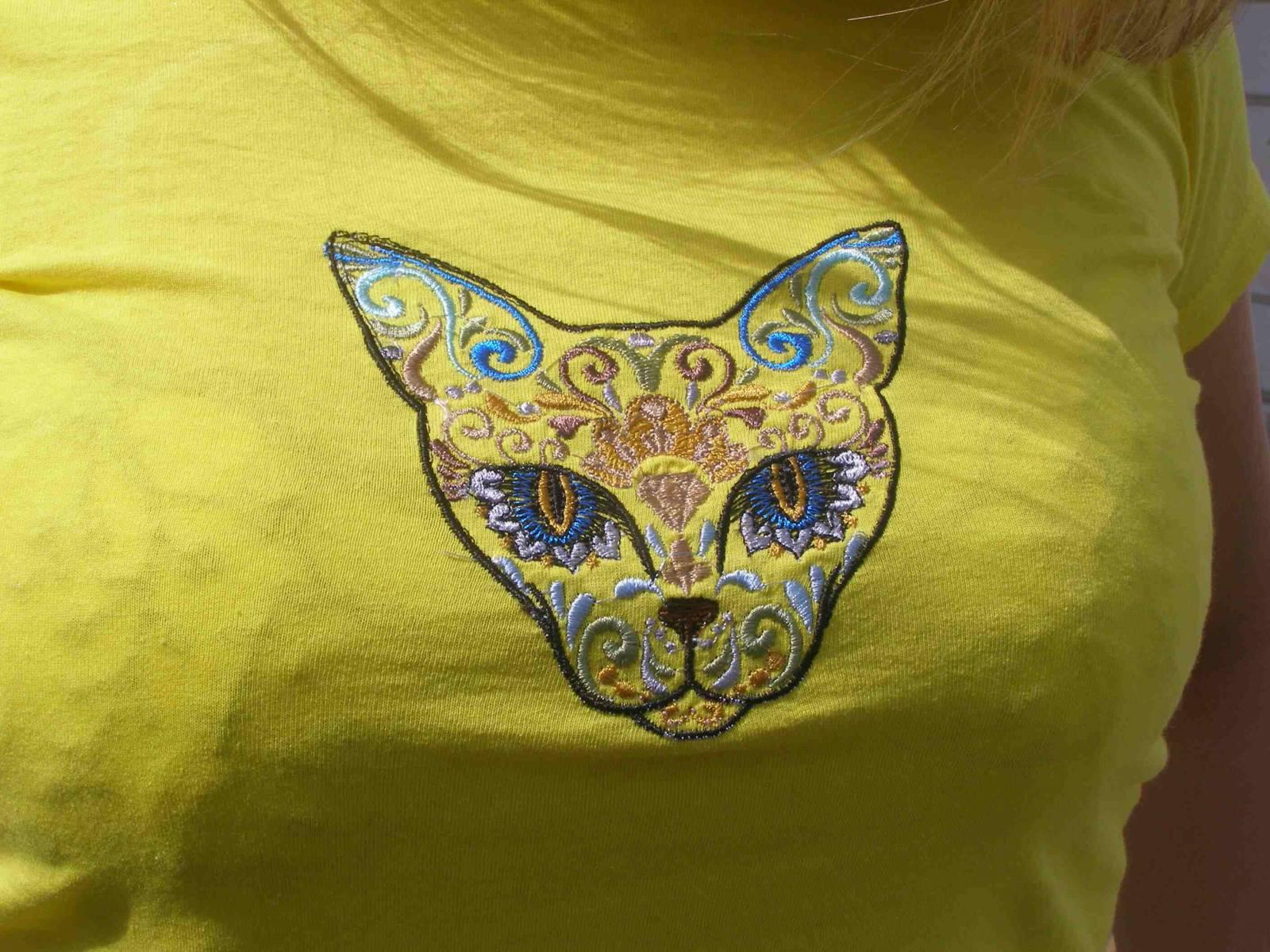 Shirt with Mexican cat machine embroidery design