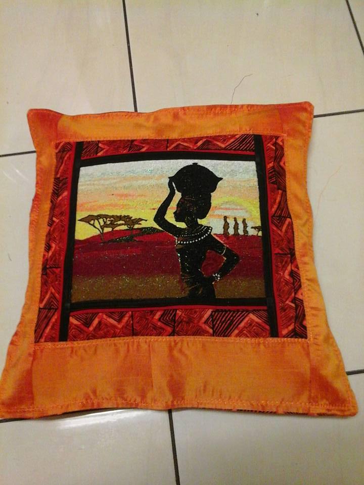Pillow with African woman photo stitch free embroidery
