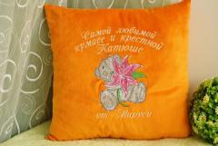 Orange pillow gift with Teddy Bear with lily embroidery design
