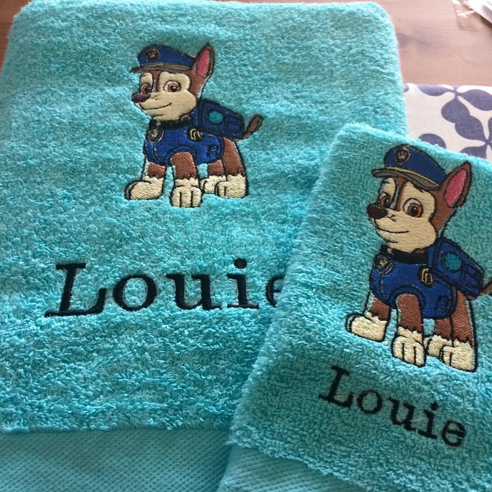 Bath towels with Chase embroidery design