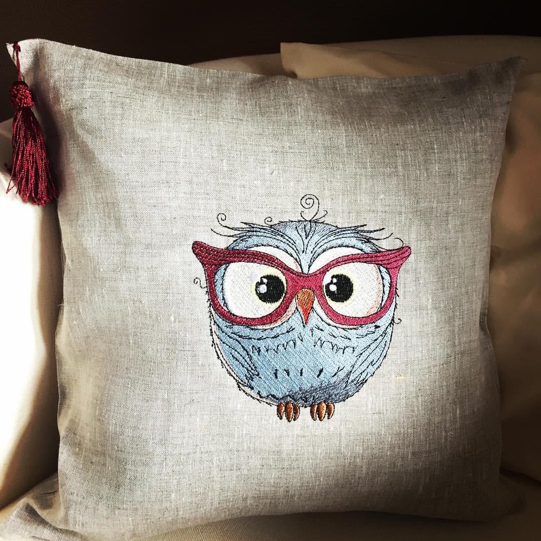 Cotton cushion with owl in glasses machine embroidery design