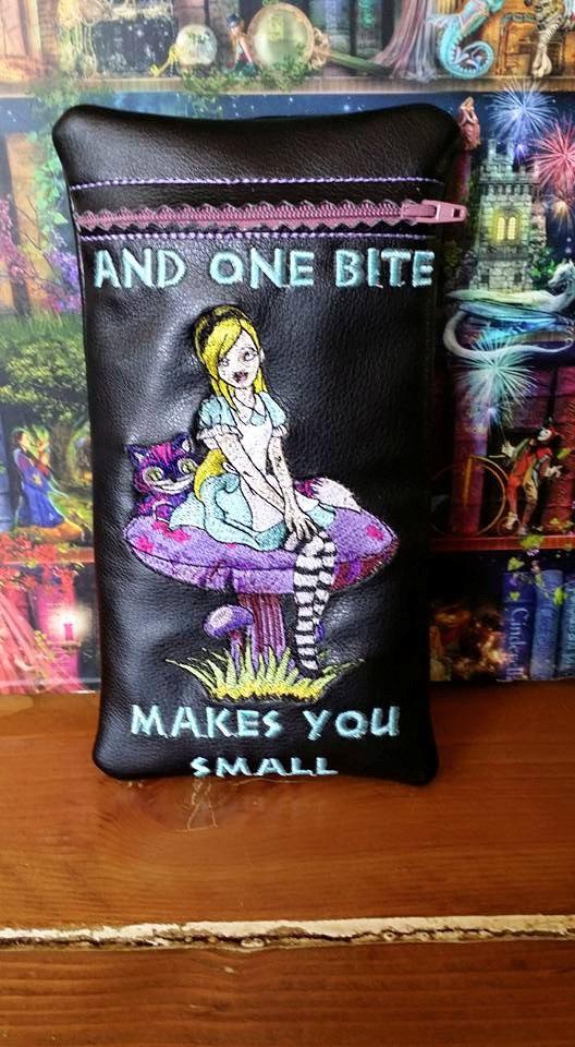 Leather case with Alice on purple mushroom embroidery design