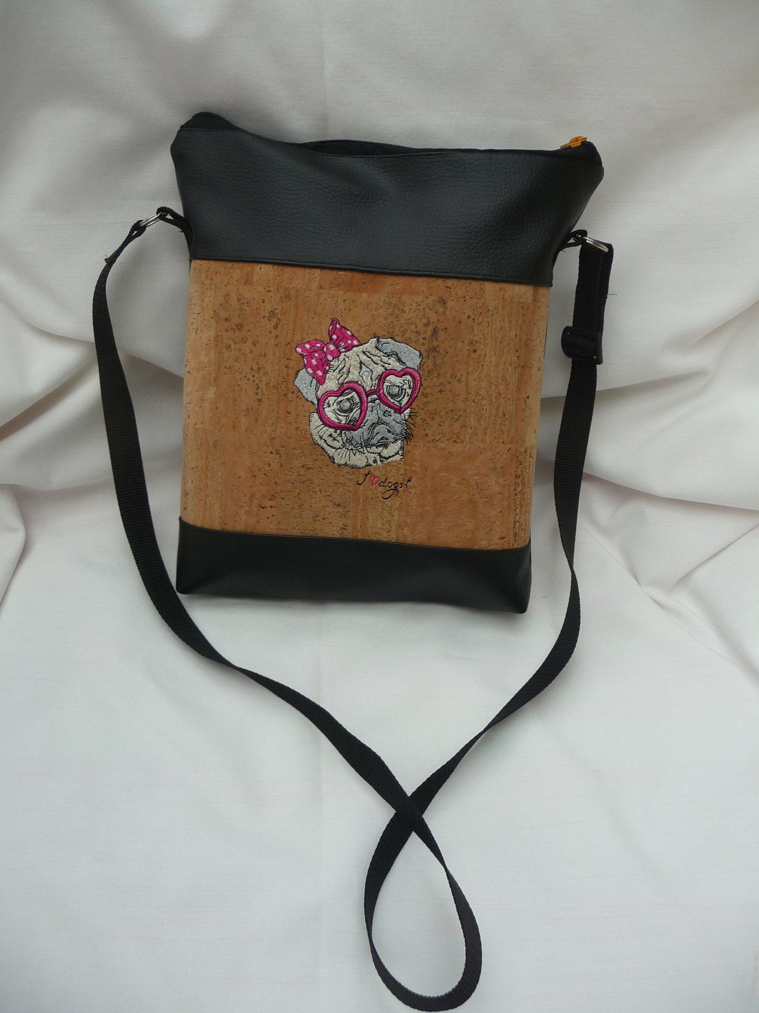 Hand bag with Posh pug dog machine embroidery design