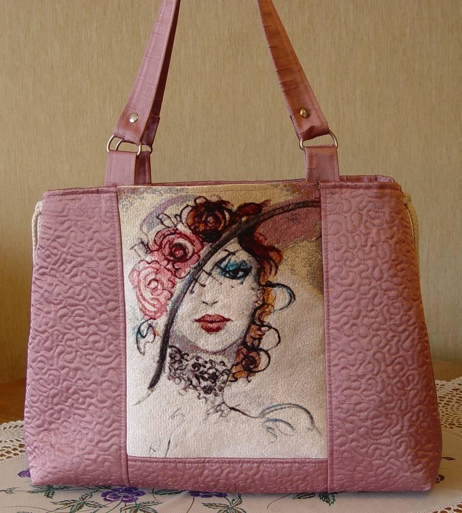 Stylish bag with lady photo stitch free embroidery