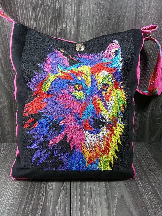 Bag with wolf photo stitch free embroidery