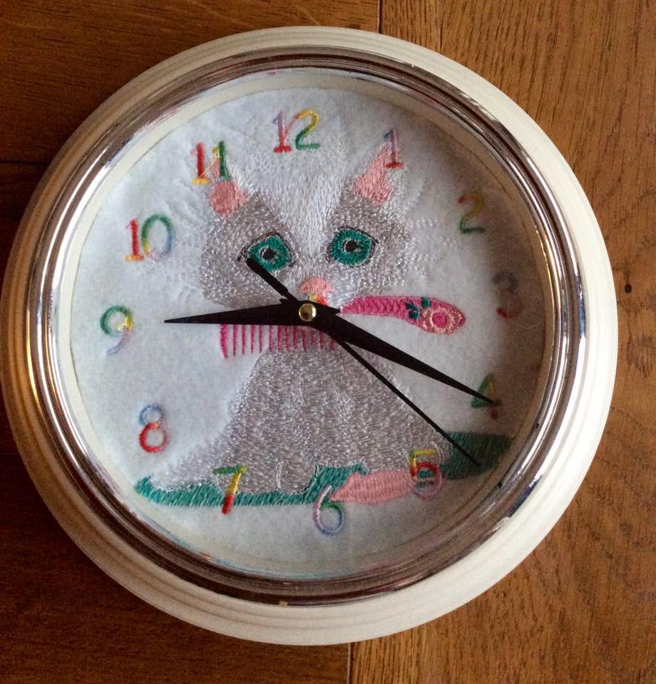Clock with embroidered lovely kitty design