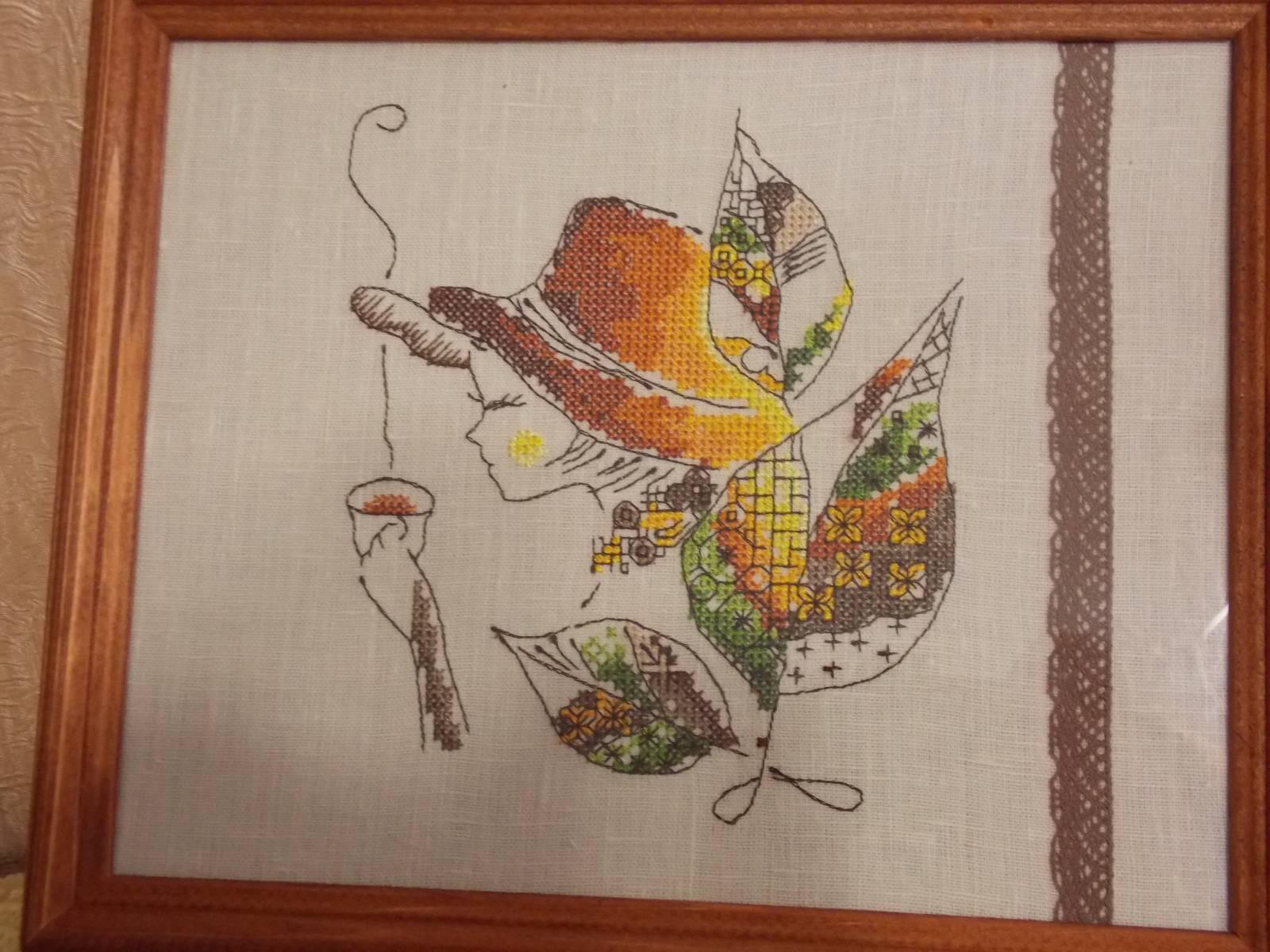 Autumn tea fairy cross stitch free embroidery framed