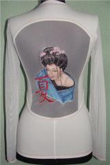 Women's costume with  Geisha with Hieroglyphic machine embroidery design