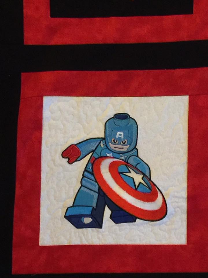Quilt block with Lego Captain America embroidery design