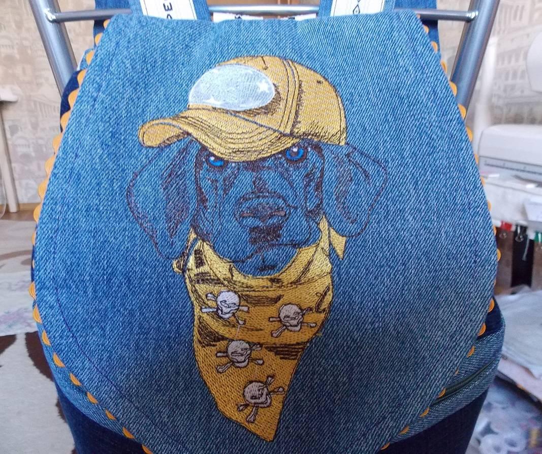 Denim backpack with Stylish dachshund machine embroidery design