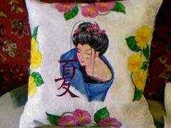 Bright cushion with Geisha with Hieroglyphic embroidery design