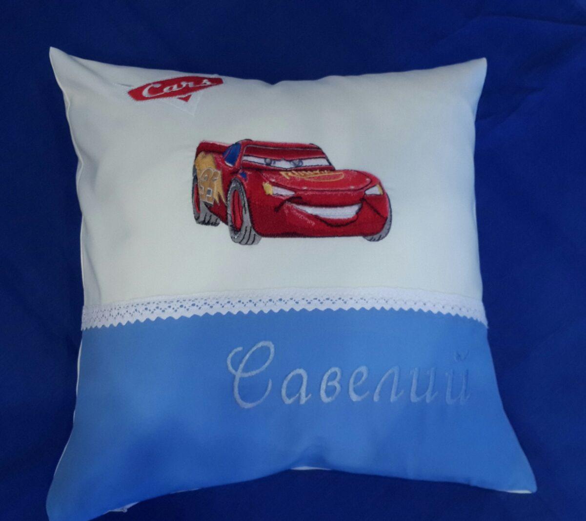 Cushion with Lightning McQueen machine embroidery design