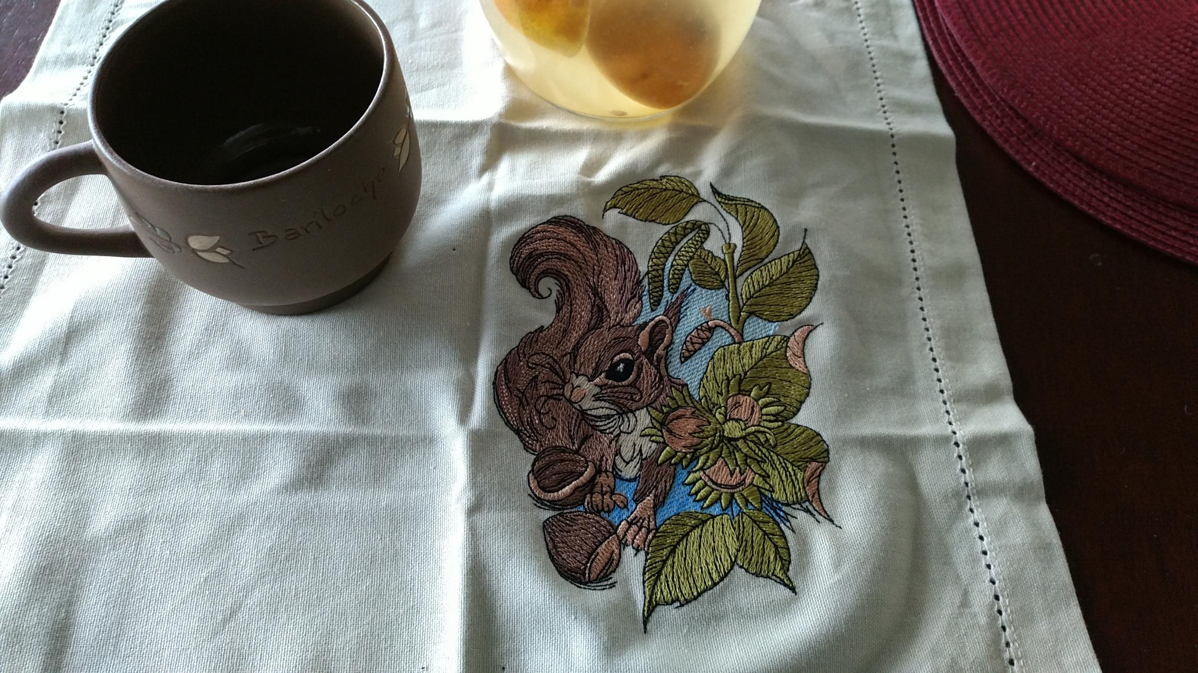 Napkin with squirrel with hazelnut embroidery design