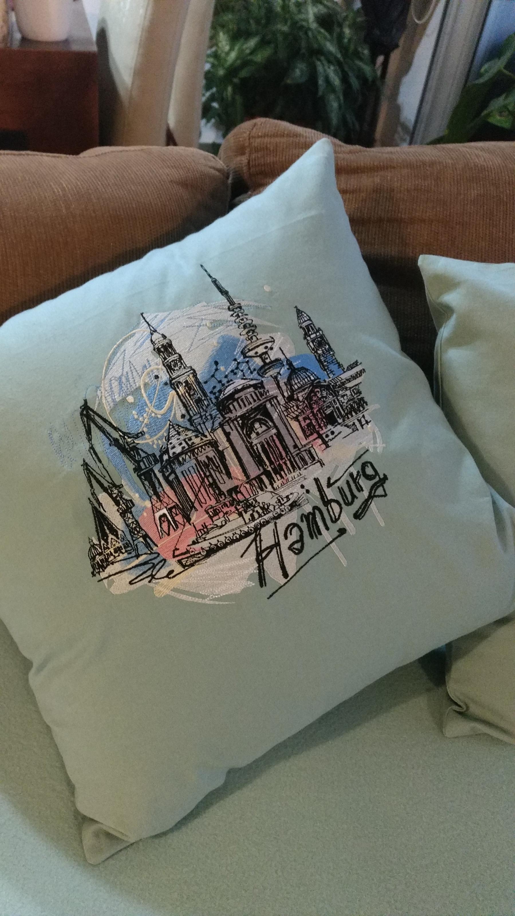 Embroidered cushion with Hamburg design