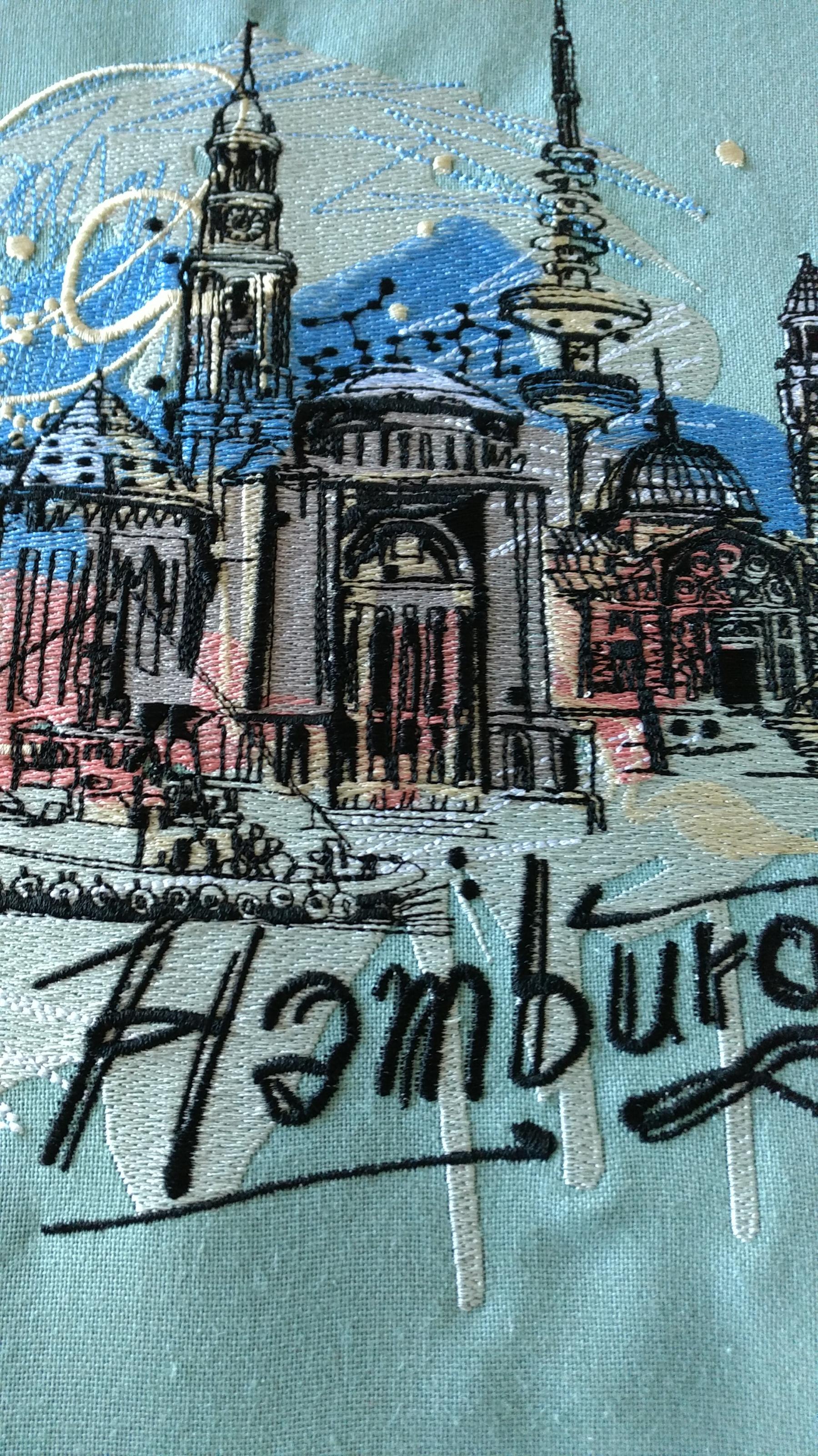 Hamburg sketch embroidery design on pillow