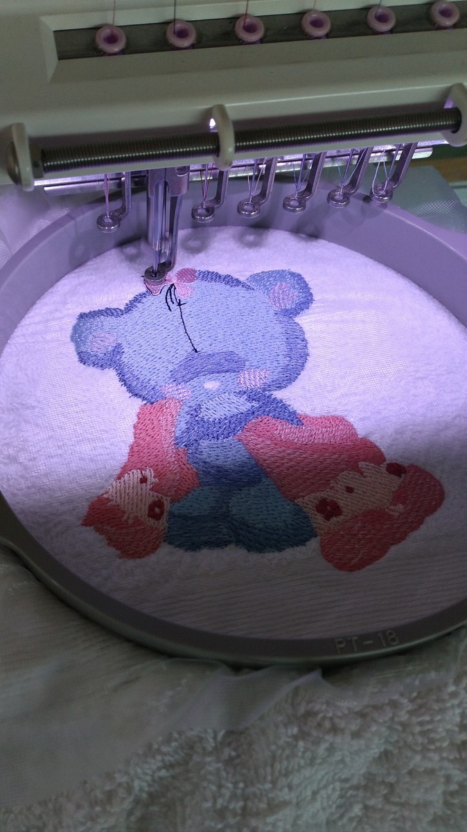 Teddy bear after shower embroidery in hoop