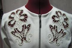 Woman's jacket with lace free machine embroidery design