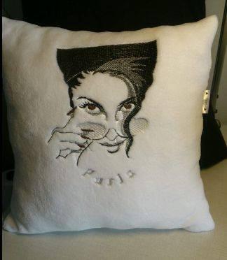 Cushion with Dame with pink sunglasses machine embroidery design
