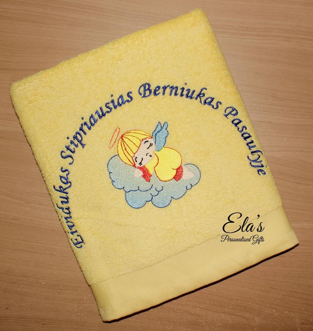 Embroidered towel with sleeping angel design