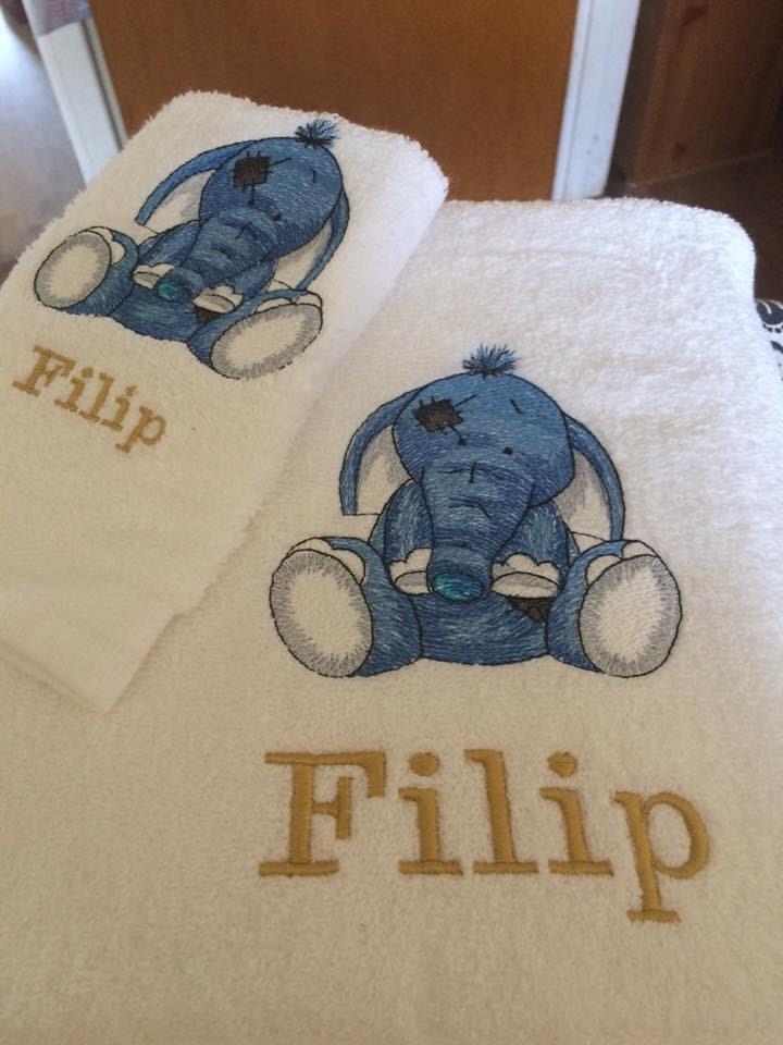 Two embroidered towels with cute elephant design