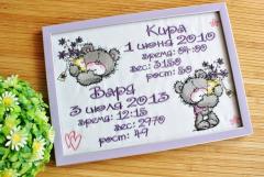 Memory frame with data and Teddy's violet bouquet embroidery design