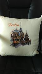 Embroidered cushion with Berlin view design