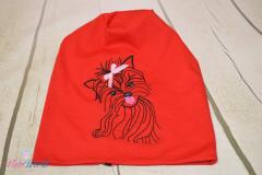 Red knitted hat with yorkshire terrier embroidery design