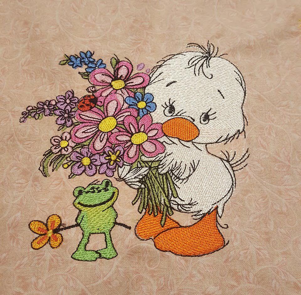 Duck with bouquet embroidery design