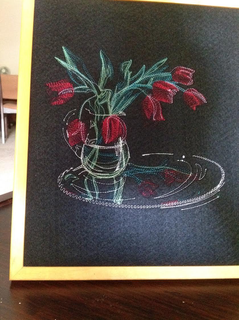 Embroidered picture of vase with tulips free design