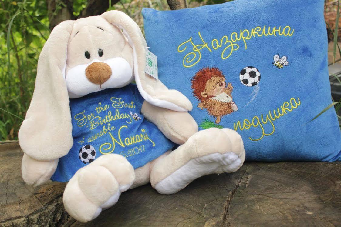 Embroidered pillow with hedgehog and ball design