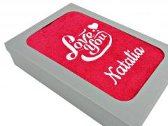 Embroidered towel with Love you in box design