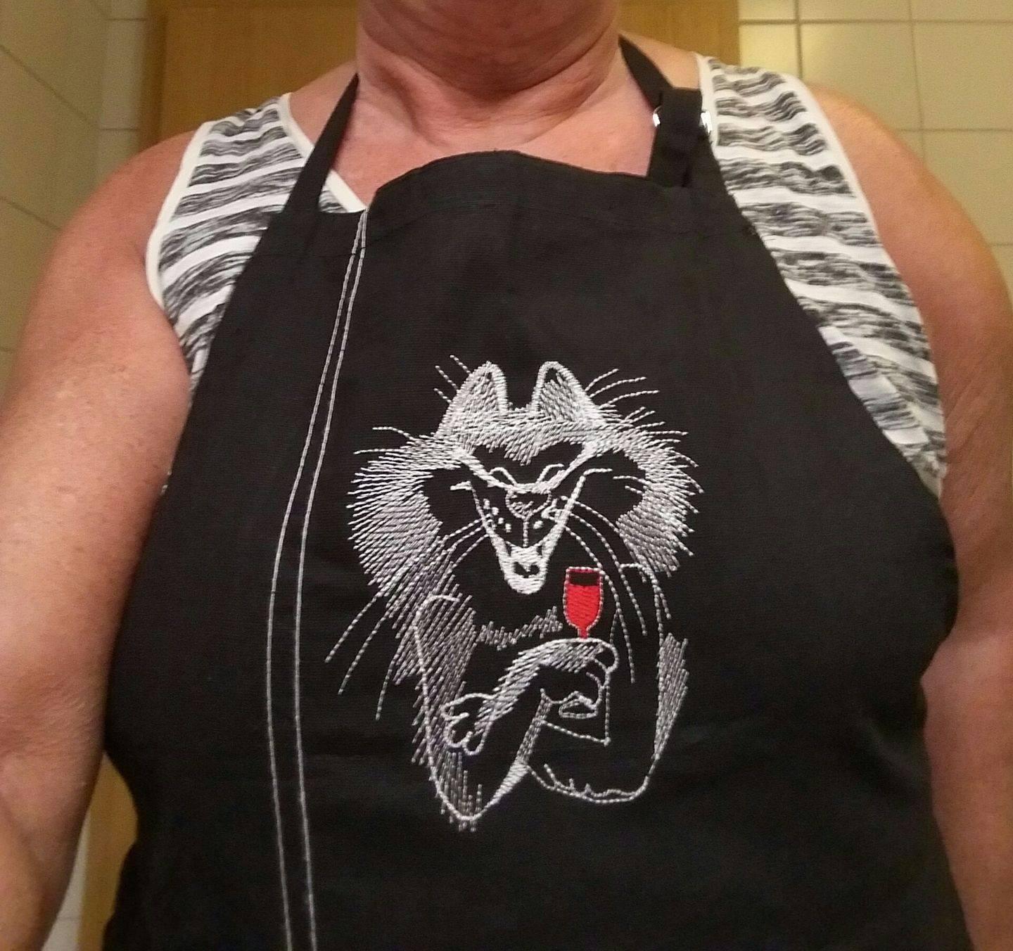 Embroidered apron with drinking cat free design